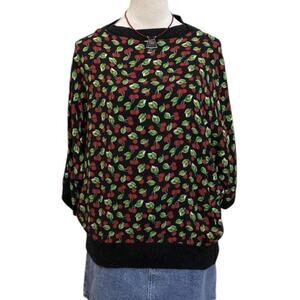Vintage 90s Cherry Print Blouse L Cottagecore Red Green Batwing Pullover Top